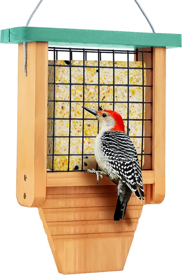 Gbekery Wooden Suet Bird Feeder for Outside Hanging, Woodpecker Suet Feeder with Tail Prop, Hanging Bird Feeder for Wild Birds, 1 Pack, Green