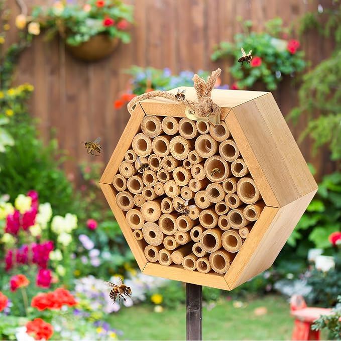 Leinuosen Mason Bee House Crafts for The Garden Handmade Natural Wooden Bees Hive with Dly Painting Kits Bees Hotel Bamboo Tubes for Bee Festival Pollinators Enhance Your Garden's Product