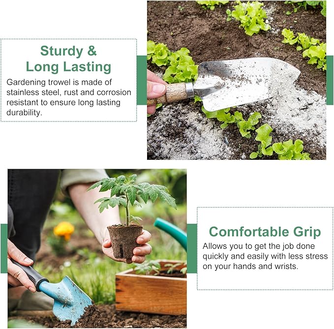 HARFINGTON 2pcs Garden Soil Scoop 10.63 x 4.72 Stainless Steel Hand Shovel Spade with Handle for Planting Weeding Digging