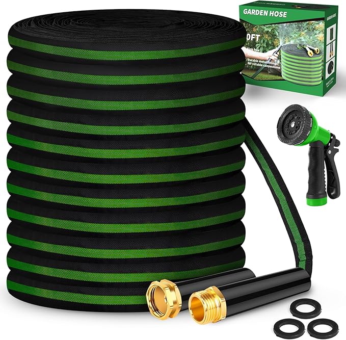 Garden Hose 100 FT, Lightweight Water Hose with 3/4", Non-Expanding, Potable, Easy Storage, Portable and Flexible Kink-Free PVC Inner Core, 500 PSI Burst Strength Outdoor Hose for Garden, Green