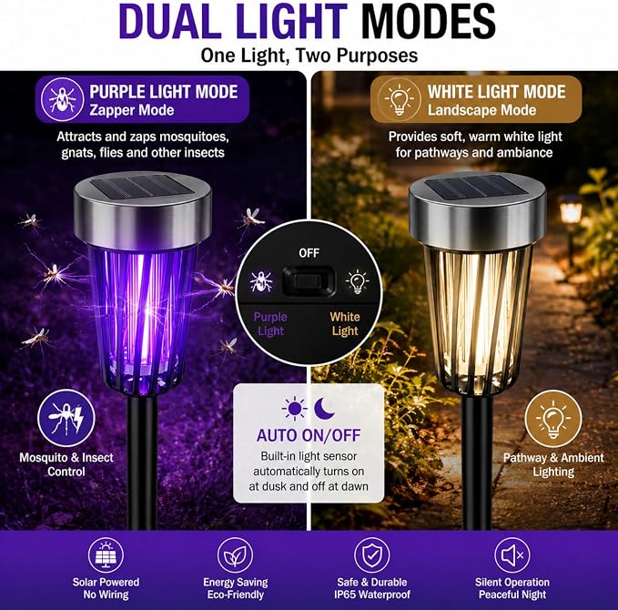 2026 Solar Bug Zapper Outdoor,4 Pack Mosquito Repellent Outdoor Patio IP65 Waterproof, Auto On/Off with Purple or White Light,Solar Powered Insect Zappers for Gnats Flies Bugs for Yard Garden Pathway