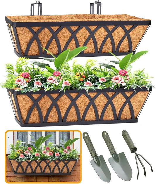 HKZ Deck Balcony Railing Planter Window Boxes - 2 Pack 30 Inch Planter Box, Balcony Planters Railing Hanging, Window Boxes Outdoor Fence Planters