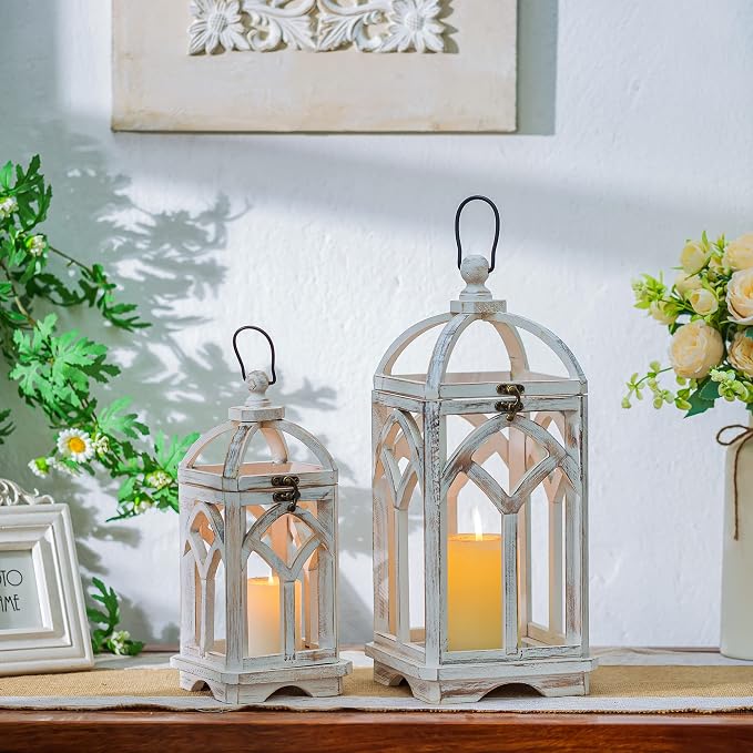 Romadedi Decorative Candle Lantern Wood - Rustic Wooden Lantern for Farmhouse Home Living Room Shelf Patio Table Decoration Christmas Holloween Wedding Party Table Centerpiece, Washedwhite