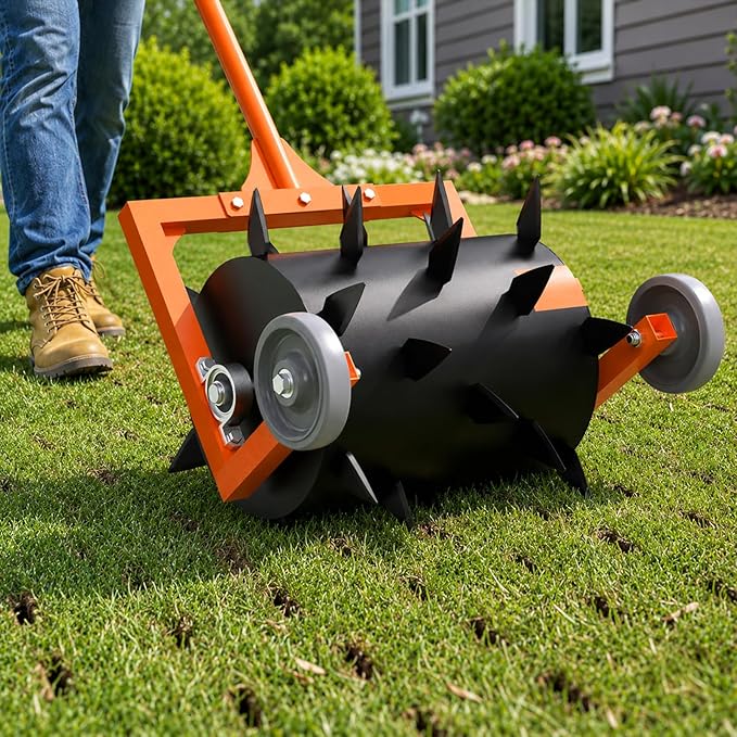 Rolling Lawn Aerator Grass Aerator, Steel Spike Roller Aerators Push Manual Lawn Aerators Machine, Rotary Aeration Tool for Lawns Soil Aerating, Aerator Lawn Tool for Garden Yard Turf Care - Orange