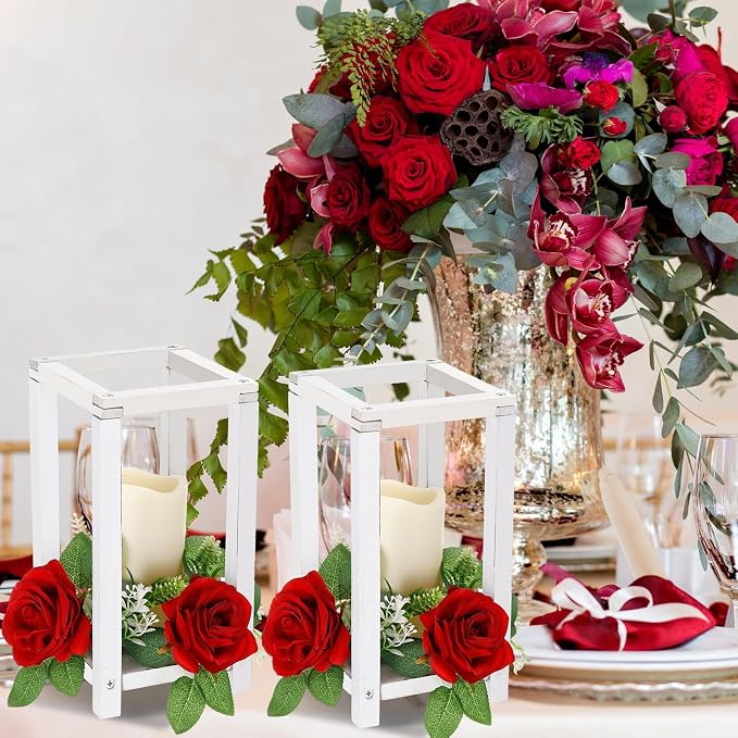 Hushee 60 Pcs Integrated Wedding Lantern Centerpiece Rustic Wooden Holder with Candles and Rings Farmhouse Candle Lantern Decor for Home Valentine Wedding Party Table Decor (White and Red)