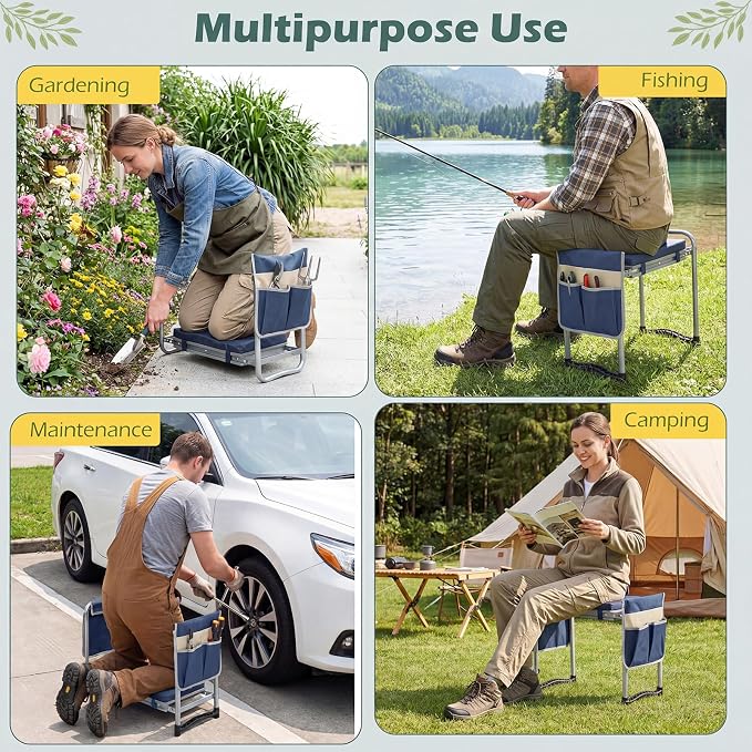 Goplus Foldable Garden Kneeler and Seat, 11" Wide 2-in-1 Gardening Bench, Detachable Thick EVA Foam Pad, 350 lbs Heavy-Duty Metal Frame, Tool Pouch, Portable Stool, Gardening Kit for Seniors (Blue)