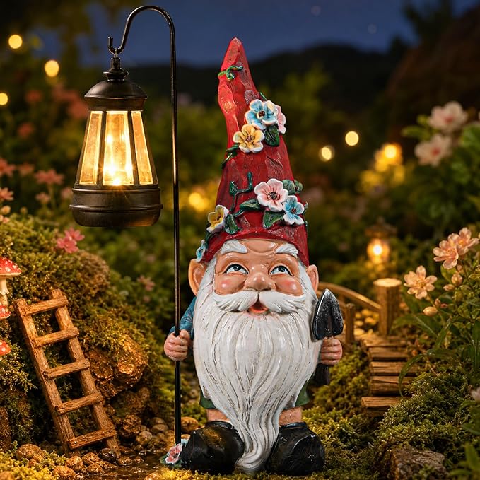 Garden Gnomes Statue with Solar Lantern, Outdoor Gnome Decorations for Yard, Outdoor Figurine Ornament with LED Lights for Patio Lawn, Mother's Day Birthday Gift for Women Mom Grandma