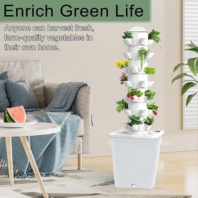 Hydroponics Tower Indoor Growing System Vertical Garden Planter Indoor Smart Garden Kit with Pump and Movable Water Tank Vegetable Plant Gift for Gardening Lover 35-Plants(White)