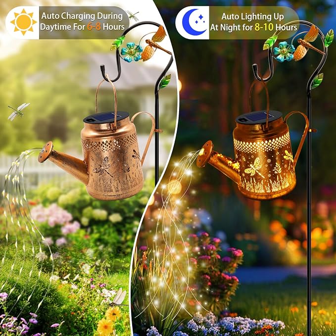 YJFWAL Solar Dragonfly Watering Can Lights for Mom, Grandma, Wife, Daughter & Every Woman, Outdoor Garden Decor with Shepherd Hook, Hanging Lights for Patio, Yard, Porch, Backyard