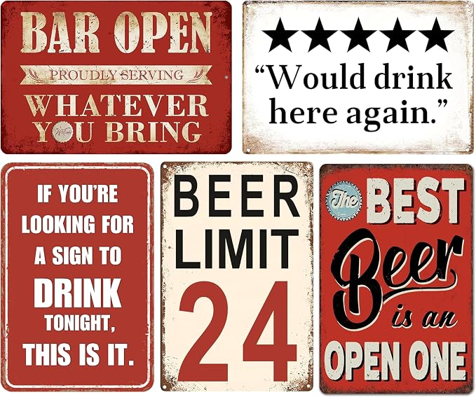 Vintage Metal Sign, Metal Wall Art, Funny Bar Signs, Motivational Positive Affirmations Wall Decor, Funny Tin Signs for Home Office School Gym & Locker Room 8x12 Inch (5-Pack Funny Metal Bar Sign Set)
