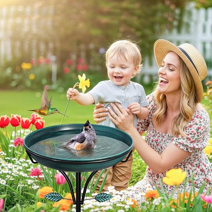 Metal Bird Bath for Outdoor, Vintage Free Standing Birdbathswith Metal Stake Stand,Detachable Bird Baths Feeder Bowl for Garden Patio Yard Lawn Decor,Upgraded 5-Pronged Base (Green)