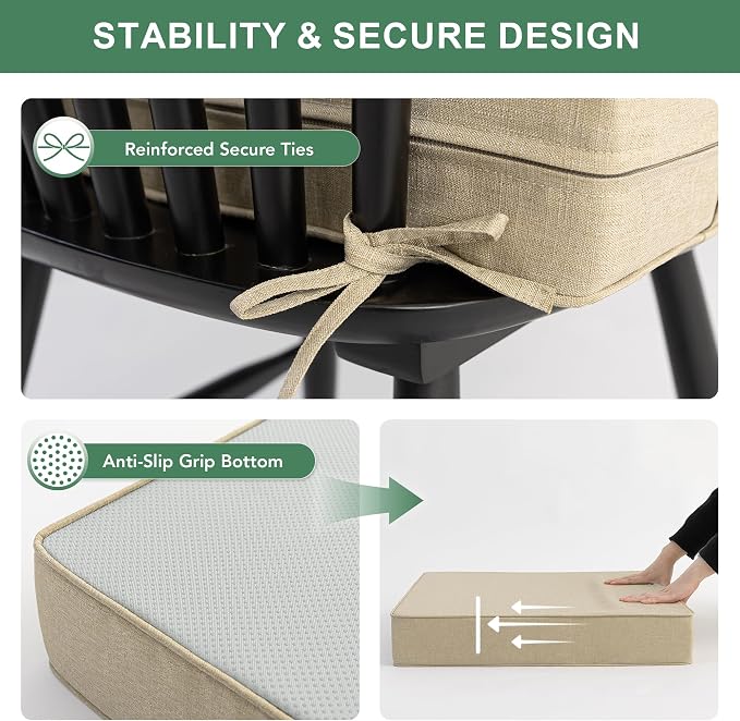 Summsun Outdoor Chair Cushions Set of 4, Faux Linen Patio Furniture Cushions, Water Resistant Backrest and Deep Seat Cushion Set with Straps, Removable Cover, Non-Slip Bottom, 22 x 22 Inch, Nature