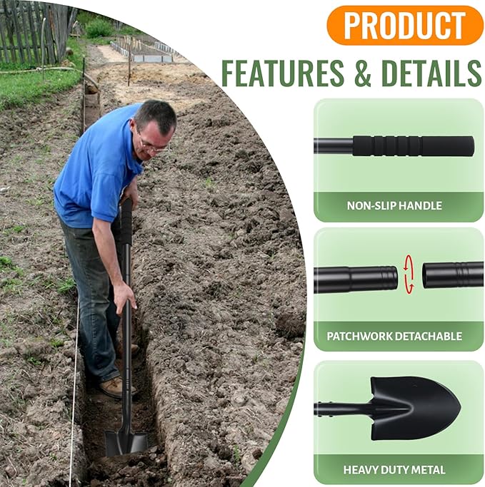 Small Round Point Digging Shovels, Garden Spade Shovel Beach Shovels with 43.3in Handle,Heavy Duty Portable Metal Shovel for Gardening Camping Trenching Digging Landscaping,Off-Road Use, Black