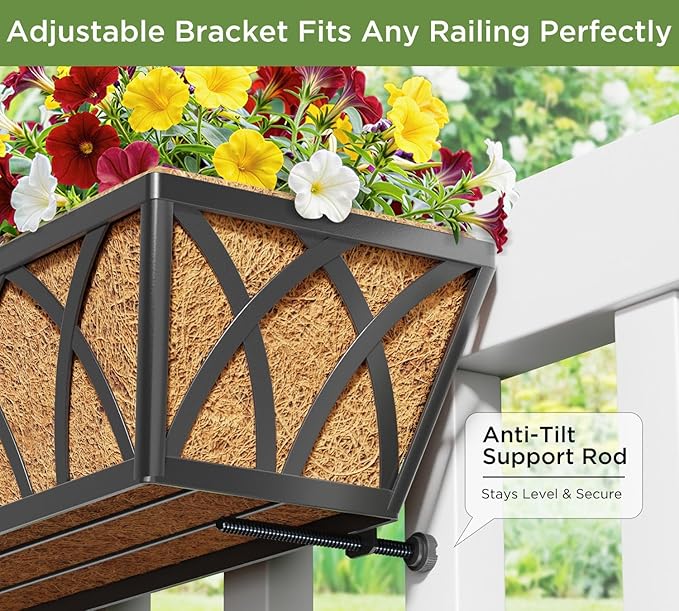 30 Inch 2 Pack Railing Planter with Adjustable Brackets, Window Box with Coco Liner, Hanging Metal Flower Box for Balcony Deck Fence Porch, Black