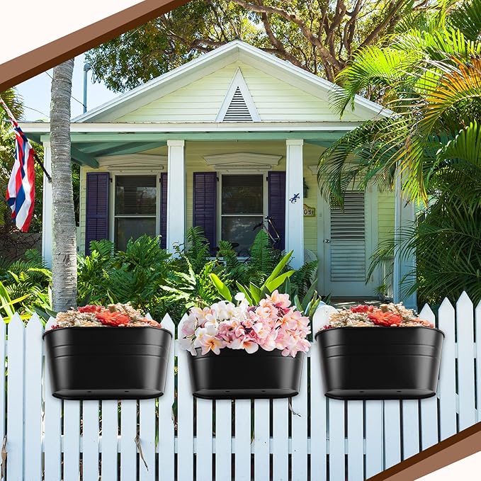 Hicarer Metal Hanging Flower Pots for Railing Fence, Large Hanging Rail Planters for Outdoor Window Balcony Plants Holder with Hooks for Garden Yard Home Decor(Black,4 Pcs)