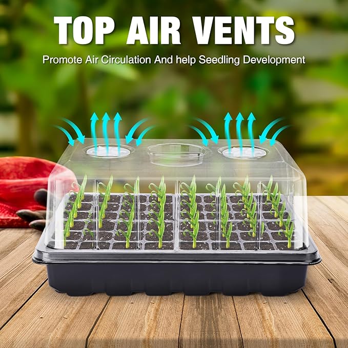 Delxo 144 Cells Seed Starter Kit 3 Pack Large Seedling Starter Tray Total with Humidity Domes - Adjustable Vents & Deep Base Germination Kit for Indoor Gardening - Includes 10 Tags & Tools