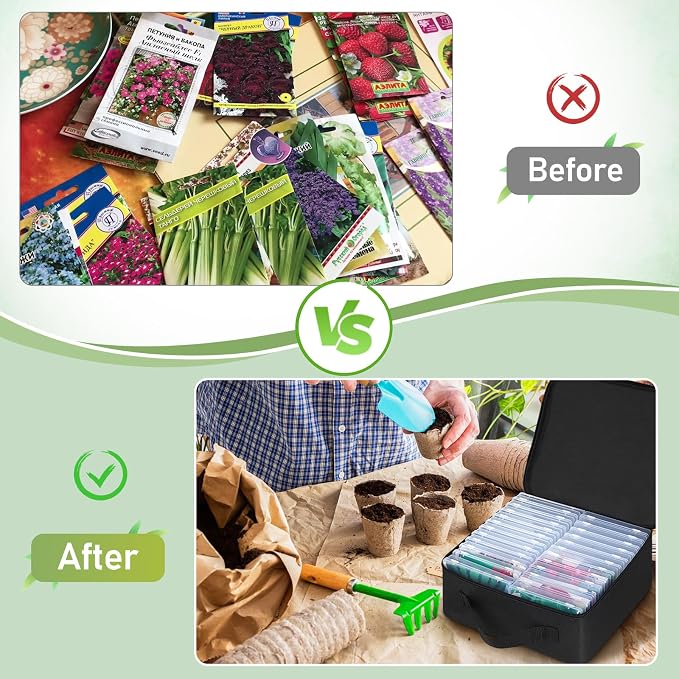 24 Slots Seed Storage Organizer Box with Dual Zipper Bag, 100 Pcs Seed Sealed Bag and 80 Pcs Label Stickers,Seed Storage Container for Garden Vegetable Flower Plants Seeds Saving