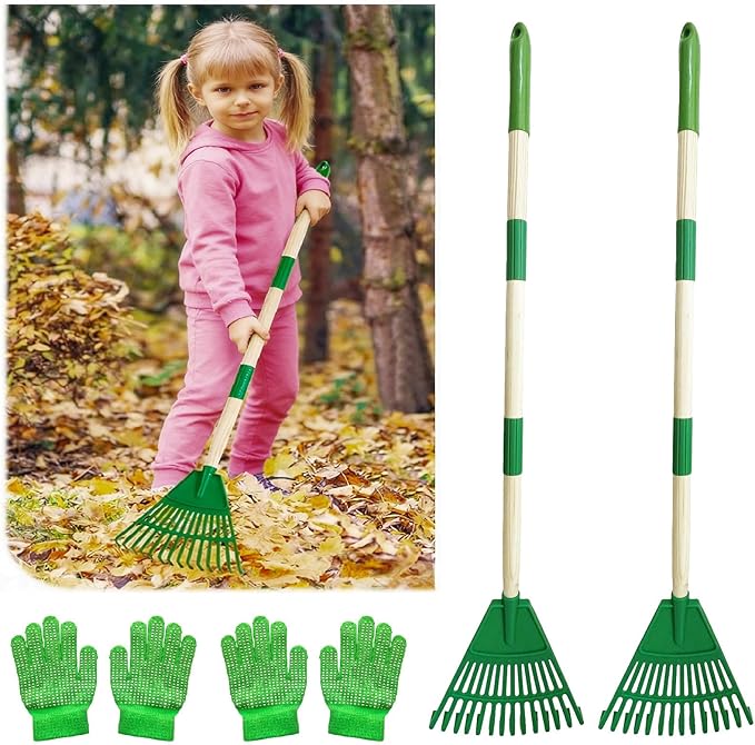 Kids' Leaf Rakes, Small Children's Lawn and Garden Tools, Toddler Yard Tool Set, 2 Pcs 35'' Plastic Head Leaf Rake with 2 Pairs of Gloves, Adjustable Wooden Handle , Safe for Boys and Girls