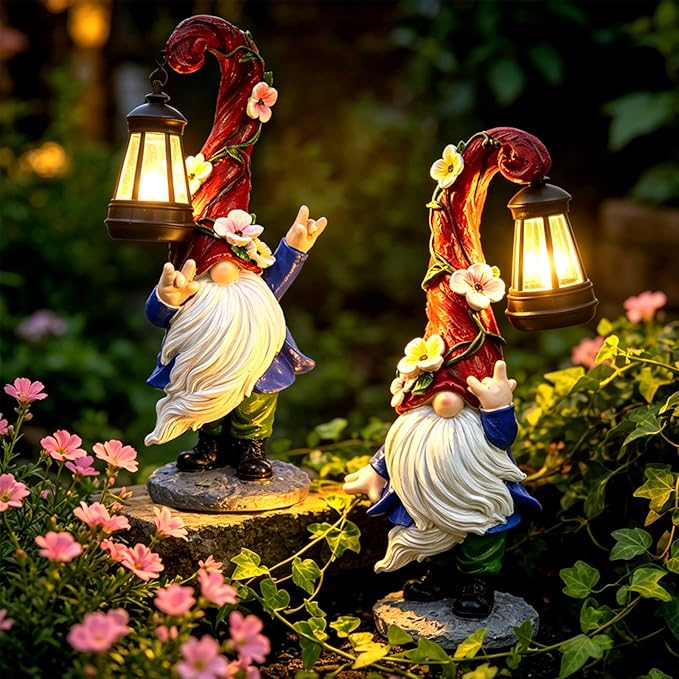 Garden Gnome Statue with Solar Lights 13.7" Garden Sculptures Gnomes Decorations Gnome Outdoor Patio Lawn Yard Balcony Birthday Gift for Mom Grandma(Right Light)