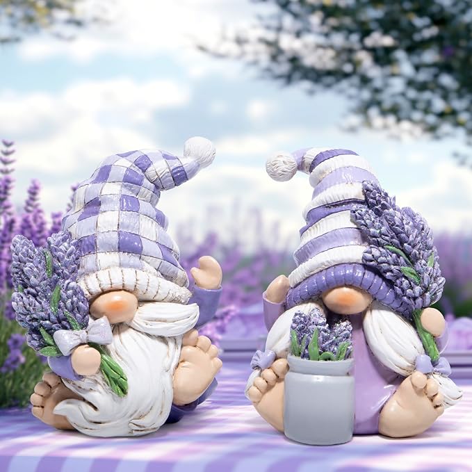 Hodao Set of 2 Lavender Gnome Figurines - Spring Decor for Bathroom, Shelf, Tiered Tray Patios, and Garden, Gift for Mom Friends Housewarming