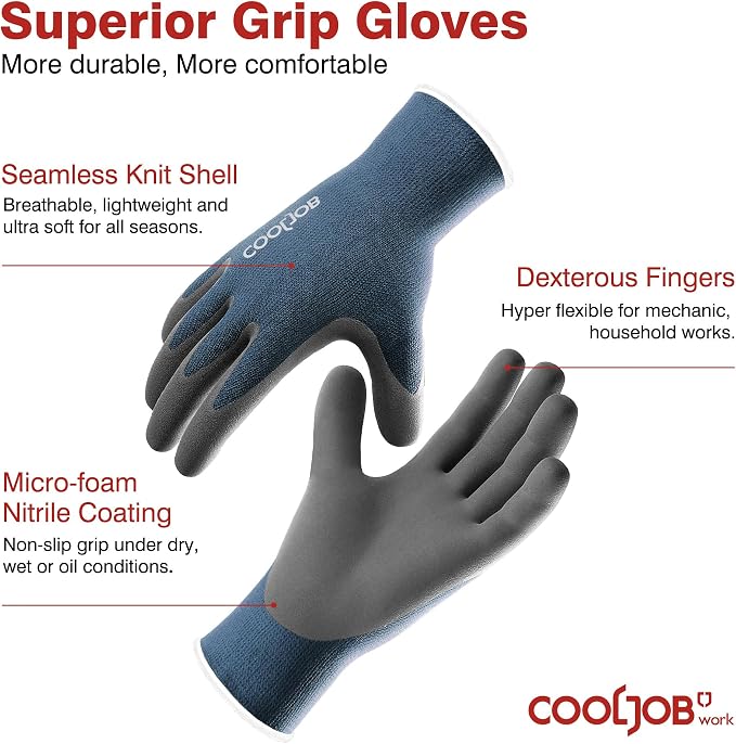 COOLJOB Gardening Gloves for Men, 2 Pairs Breathable Rubber Coated for Garden Weeding Landscaping, Outside Work for Lawn Yard, Men's Large Size, Black & Blue