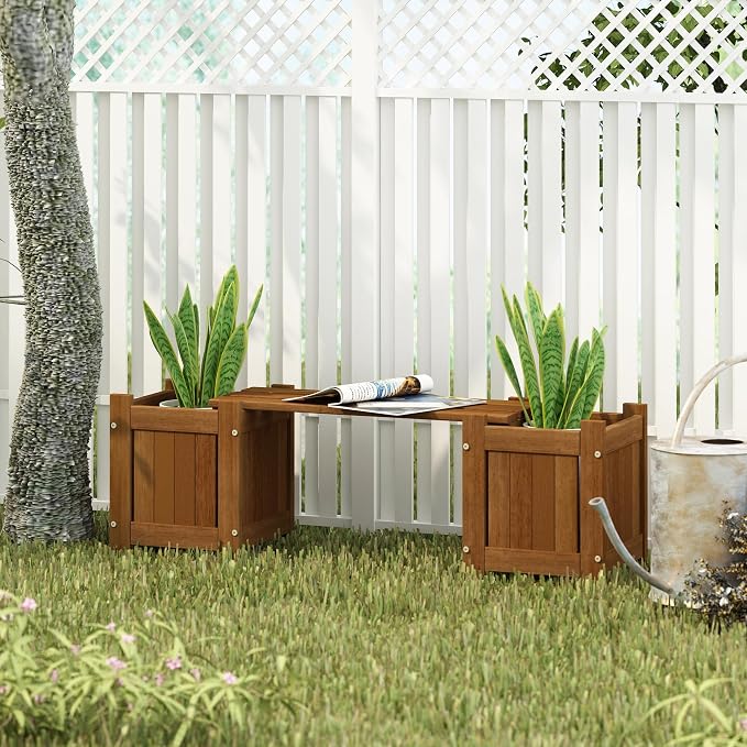 Furinno TIOMAN Mini Planter Box with Bench, Hardwood Flower Box with Seat, Cube Garden Box, in Teak Oil, Outdoor Indoor, Garden, Patio, Balcony, Light Wood