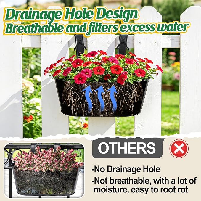 MADHOLLY Railing Planter with Drainage Holes - 6Pcs Sturdy Bucket Pots for Railing Fence, Countryside Style Metal Flower Pots for Herbs Balcony Garden Yard Decor, Black