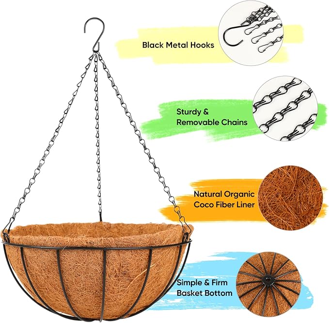 HKZ Hanging Basket Planter Plants Outdoor - 4 Pack 12 Inch Metal Hanging Planter with Coco Liners, Chain Hook Hanging Flower Pots for Indoor Outdoor Garden Porch Decoration