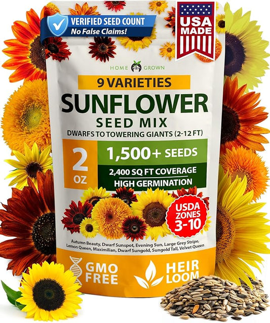 HOME GROWN Sunflower Seeds Mix Pack 1,500+ 9 Colorful Varieties of Sun Flower Seeds to Plant - 2-10ft Tall Plants, Pollinator Friendly, Easy to Grow, High Germination
