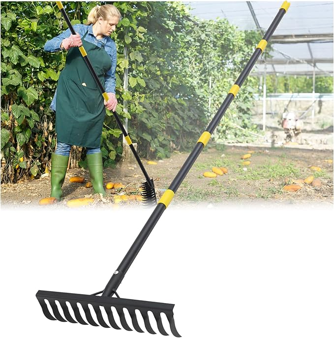 Bow Rake, 78" Heavy Duty Garden Tools Lawn Leveling Rake with Long Handle, 12 Tines Garden Tools Metal Head for Loosening Soil, Cleaning the Leaves and Weeding Control, Leaf, Thatch, Landscape Tools