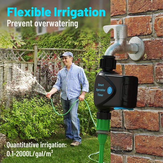 Water Timer for Garden Hose, 2.4GHz WiFi Smart Hose Sprinkler Timer with Tuya/Smart Life App, GreenVation Measure Gallon/Liter Consumption and Flow Rate, Water Flow Meter