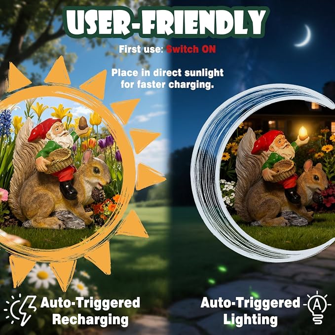 Funny Garden Gnomes Decorations for Yard Statue with Solar Lights Outdoor Squirrel Sculpture Decor