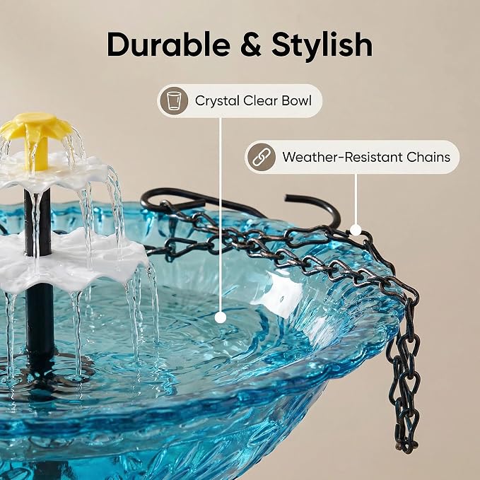 Solar Hanging Humming Bird Bath Fountain with Pump, Glass Bowl Cascading Water Fountain Solar Powered Outdoor Bird Bath for Garden Patio Yard (Gray)