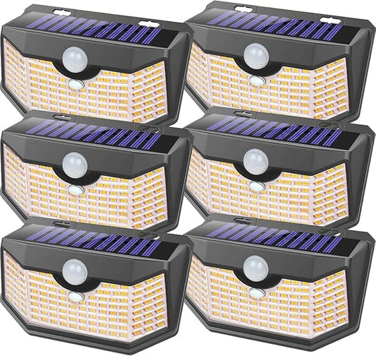 HMCITY 120 LED Outdoor Solar Lights- with Motion Sensor and 3 Lighting Modes, IP65 Waterproof Wide Solar Wall Lights Ideal for Garden Patio Yard (Front Button 6Packs, Black Shell-Warm White)