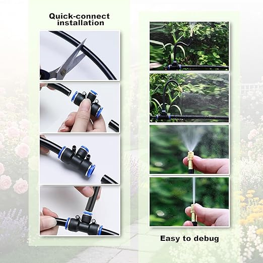 30FT 360° Mist Spray Drip Irrigation System - Garden Watering Kit with 10 Fine Mist Nozzles, Adjustable Atomizing Sprinkler for Greenhouse, Potted Plants, Raised Beds, Yard, 1/4 inch Hose