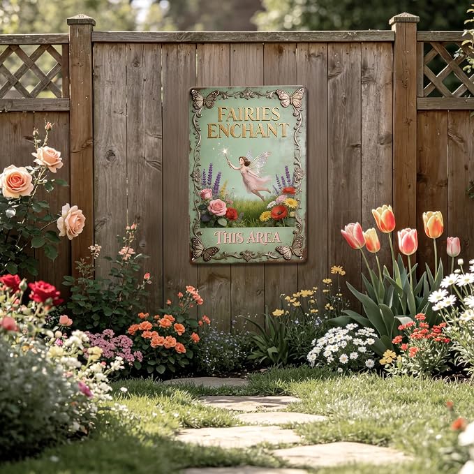 2D Flat Funny Garden Signs, Fairies Enchant This Area Vintage Garden Decor, Outdoor Wall Decor for Patio Yard Greenhouse Home, Waterproof Garden Gifts 8x12 Inch
