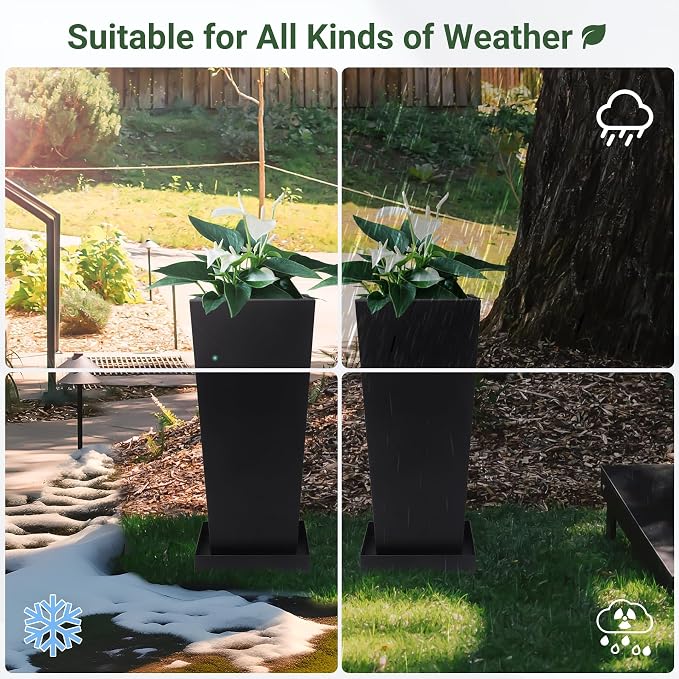 24" Metal Tall Outdoor Planters Set of 2, Durable & Wealtherproof | Tall Planters with Drainage Insert Shelve & Trays, Black Outdoor Planters for Porch, Garden, Yard