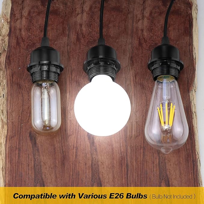 3Pack Plug in Hanging Light Kit, E26/E27 Vintage Hanging Lights with Plug in Cord, Retro Pendant Light Kit, 12FT Cord with On/Off Switch, Pendant Light Cord for Hanging Light(Black)
