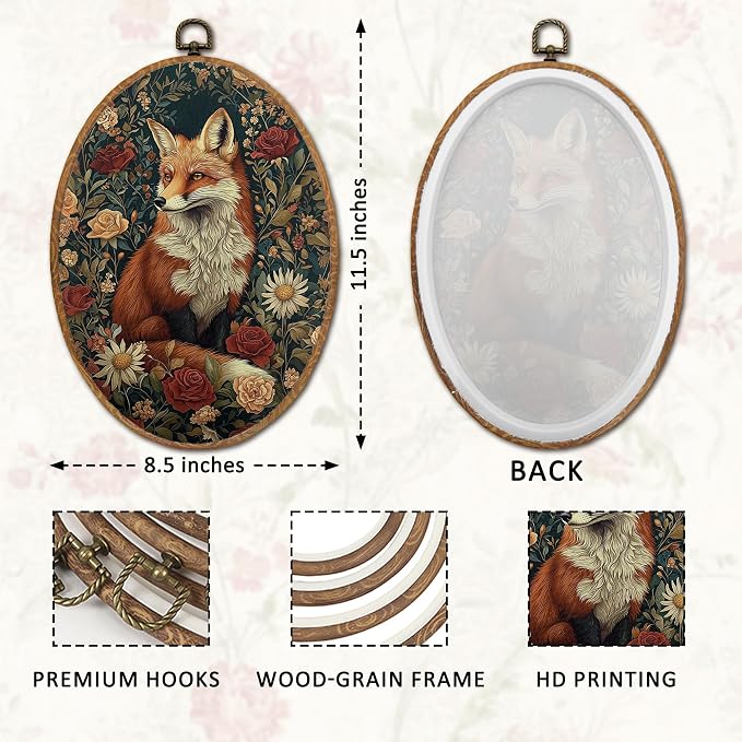 DOFQZ Vintage Floral Fox Oval Wall Art Decor, Dark Cottagecore Wildflowers Fox Framed Wall Art, Rustic Forest Wildlife Animal Walls Hanging Decor for Home Bedroom Living Room Cabin, 8.5x11.5 Inch