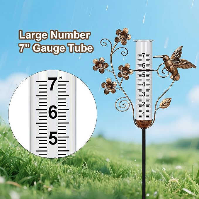 shumi Rain Gauge Outdoor - 7 Inch Rain Gauges for Measuring, Bronze Hummingbird Decorative Rain Gauges Feezeproof, Metal Flower Water Gauge for Garden Yard Decor, Gardening Gifts for Women