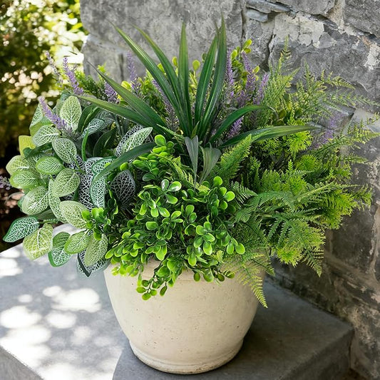Hrobek Outdoor Faux Plants UV Resistant - 12 Bouquets Realistic Artificial Eucalyptus Fern Lavender Greenery for Patio Garden Front Porch Decor Weatherproof Fake Plants for Outside