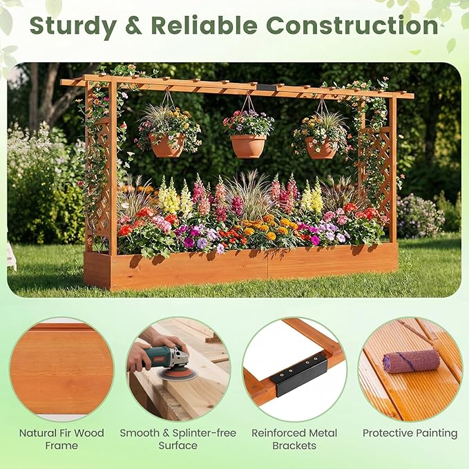 Giantex Wooden Raised Garden Bed with Trellis & Hanging Roof, Fir Wood Planter Box, 45” Freestanding Elevated Garden Bed for Outdoor Climbing Plants Vegetables Flowers, Patio & Balcony, Orange