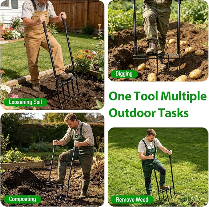 Broadfork, 12" Long 5-Tine Broadfork Gardening Tool for Gardening Cultivation Composting Transplanting Digging Farm Crushing Soil Aeration Garden Fork for Loosening Soil