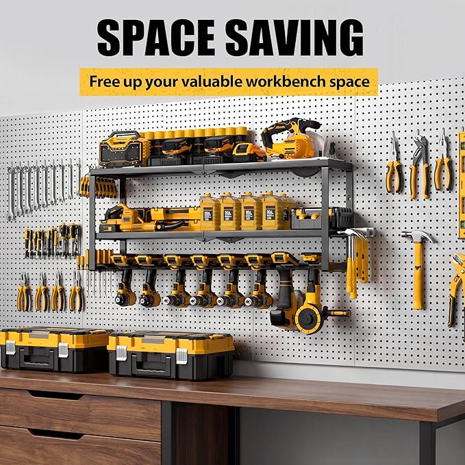 Heavy Duty Power Tool Organizer Wall Mount, Metal Tool Storage Rack Loads 320lbs, 8 Cordless Drill Holder 3 Layer for Garage, Workshop, Tool Room, Gift for Men