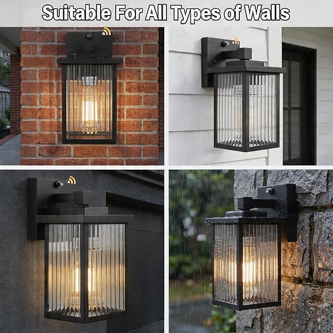 2 Pack Black Dusk to Dawn Outdoor Wall Light, All-Metal Frame | Auto On/Off, Rust-Resistant,Tempered Glass, Easy DIY Install on Porch, Garage