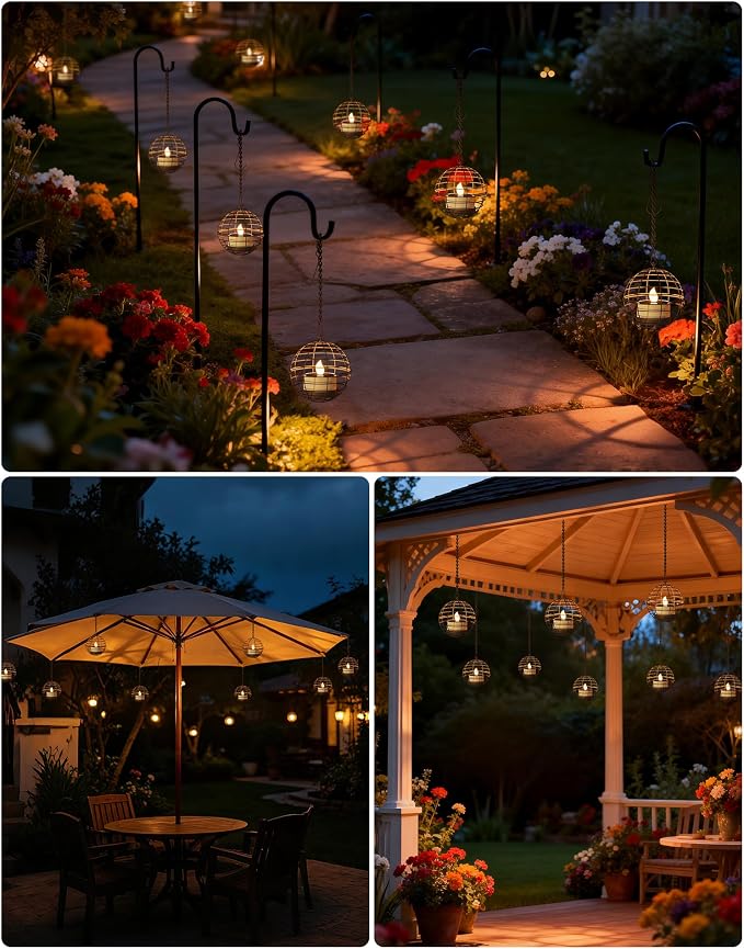 Large Solar Lights Outdoor Hanging Lanterns 12 Pack, Rustic Iron 4.3" Ball Solar Tea Lights with Flickering Flame Candle, Waterproof Hanging Lights for Backyard Patio Garden Fence Tree Pergola Décor