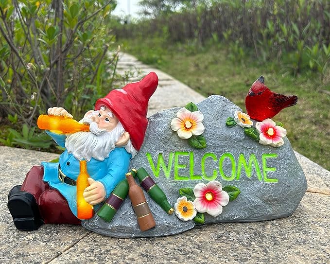 Funny Garden Gnomes Statue with Welcome, Solar Outdoor Gnomes Decorations for Yard, Patio, Lawn, Christmas Birthday Housewaming Gifts, for Dad, Men, Husband, Grandpa, 11.8 Inch, Resin