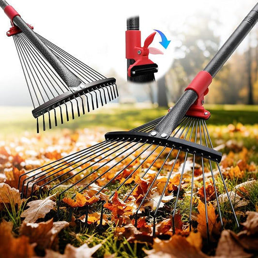 Adjustable Leaf Rake - Metal Garden Rake with 8"-17" Expandable Head, 70" Long Handle, Lightweight Collapsible Design for Leaves & Pine Needles,Lightweight for Flower Beds,Yard, Shrubs,Camping