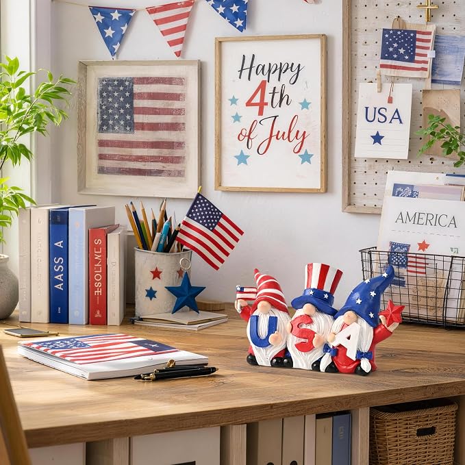 TISEJOY 4th of July Decorations Outdoor Gnomes for Memorial Day Decorations 4“, Garden Gnomes Statues, Patriotic Decorations for Home Decor, Stars and Stripes Gnomes Figurines for Living Room Garden