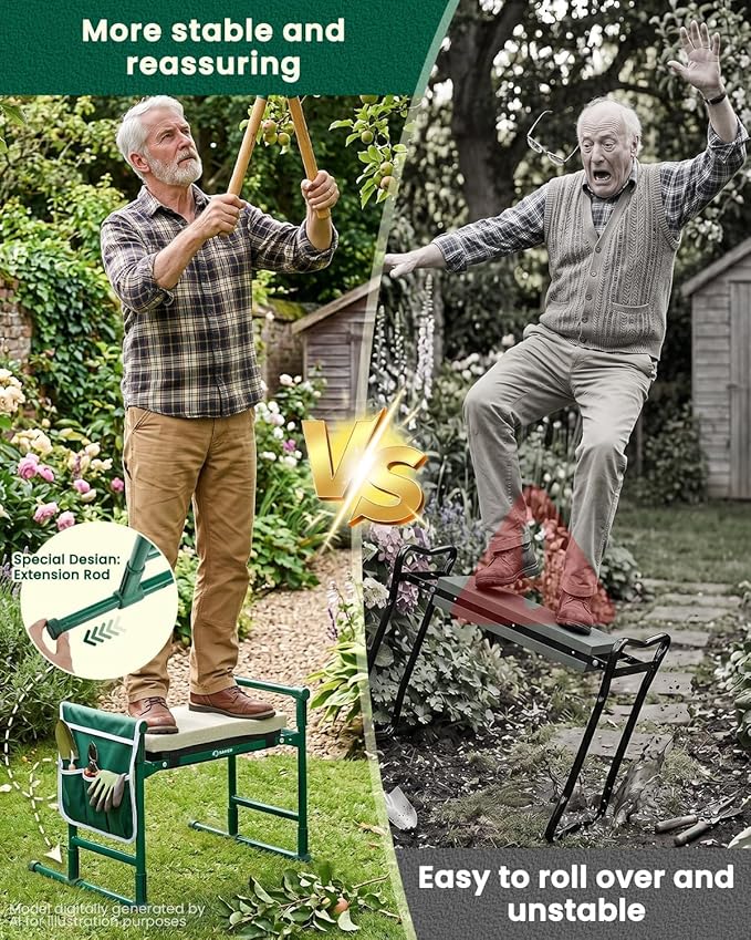 Saker 2026 Upgraded Garden Kneeler and Seat - Gardening Bench Gardening Stool with 500LB Heavy Duty Round-Tube Frame, Soft Kneeling Pad Foldable Support for Elderly, Gardening (Luxury Version)